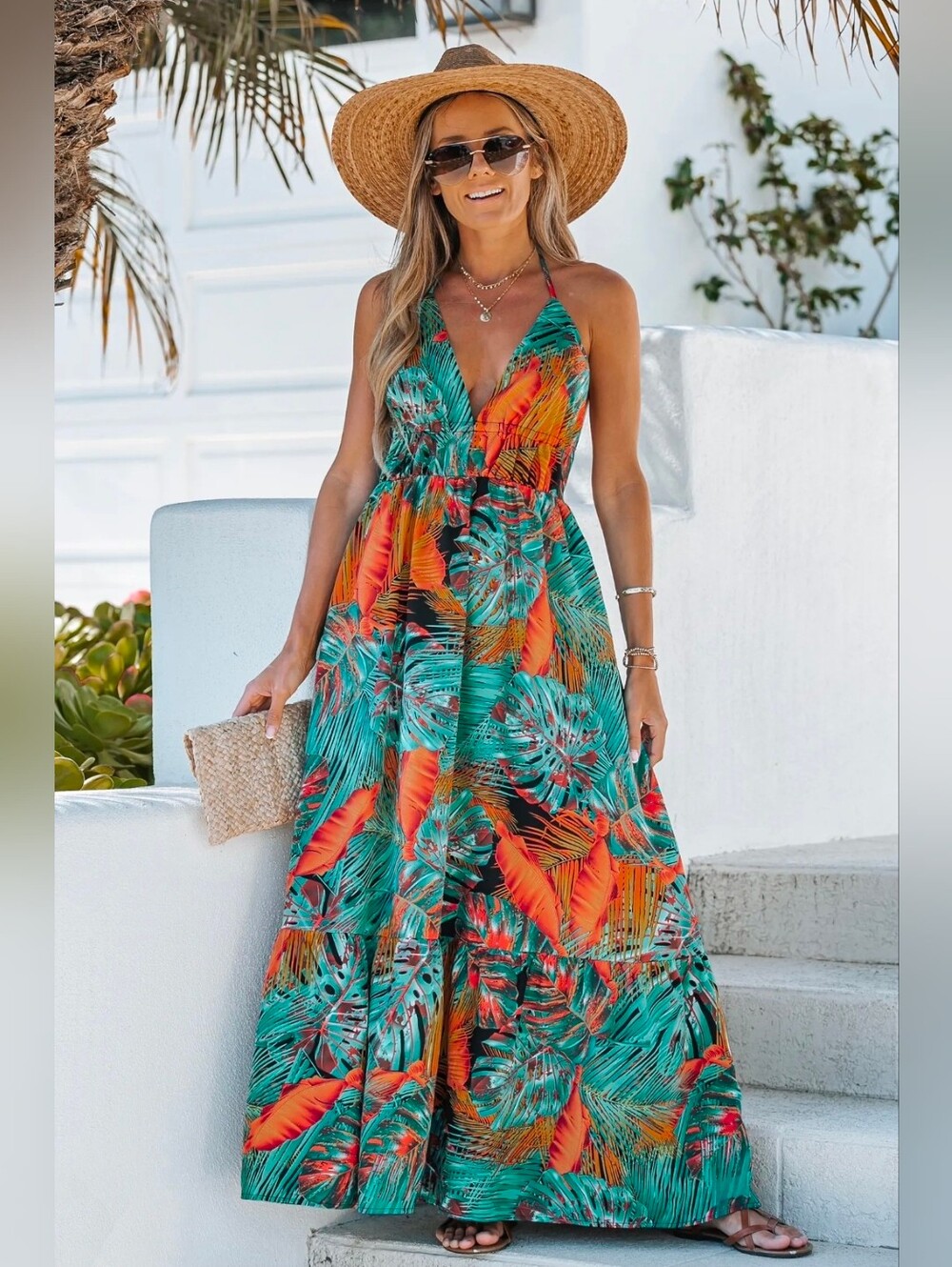 Cupshe Tropical Halter Maxi Dress in Teal & Orange